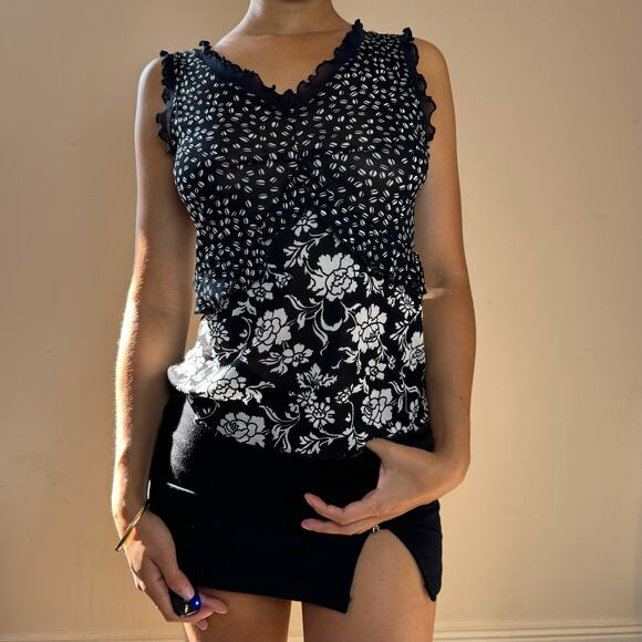 Vintage 00s euro floral print sheer mesh tank (S/M) - Picture 6 of 6